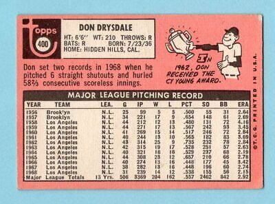 1969 Topps #400 Don Drysdale Los Angeles Dodgers Baseball Card Vg/Ex   