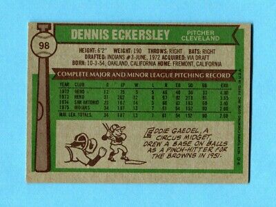 1976 Topps #98 Dennis Eckersley Cleveland Indians Rookie Baseball Card Ex/Mt pmk