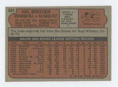 1972 Topps #684 Hal Breeden Chicago Cubs High Number Baseball Card NM 