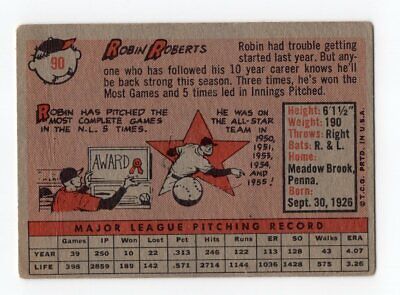 1958 Topps #90 Robin Roberts Philadelphia Phillies Baseball Card Low Grade