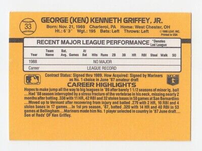 1989 Donruss #33 Ken Griffey Jr. Seattle Mariners Rookie Baseball Card Ex/Mt 