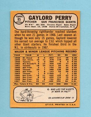 1968 Topps #85 Gaylord Perry San Francisco Giants Baseball Card Ex/Mt 