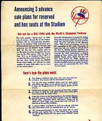 1948 New York Yankees Baseball Season Ticket Order Form