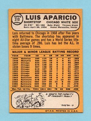 1968 Topps #310 Luis Aparicio Chicago White Sox Baseball Card NM  