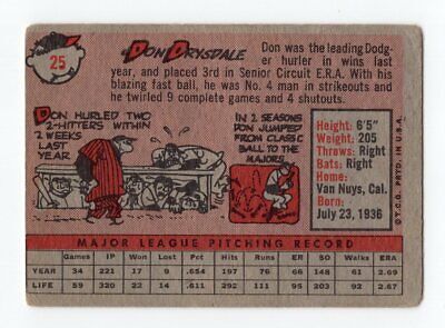 1958 Topps #25 Don Drysdale Los Angeles Dodgers Baseball Card Low Grade  