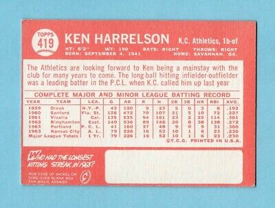 1964 Topps #419 Ken Harrelson KC Athletics Rookie Baseball Card EX      