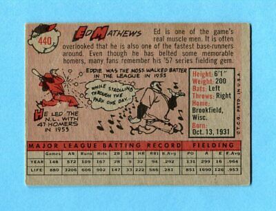 1958 Topps #440 Eddie Mathews Milwaukee Braves Baseball Card EX o/c ap ind   