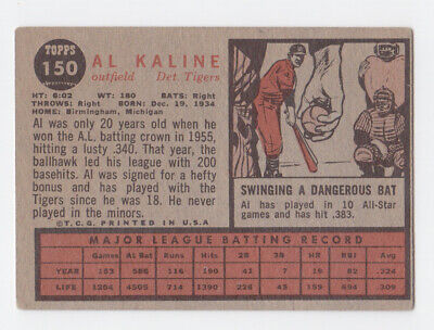 1962 Topps #150 Al Kaline Detroit Tigers Baseball Card VG+ 