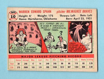 1956 Topps #10 Warren Spahn Milwaukee Braves Baseball Card EX-EX+ dia shp mk rb