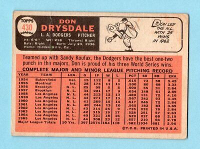 1966 Topps #430 Don Drysdale Los Angeles Dodgers Baseball Card Low Grade 