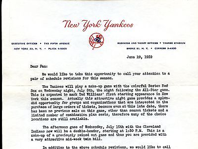 1959 New York Yankees Season Ticket Signed Letter With Envelope