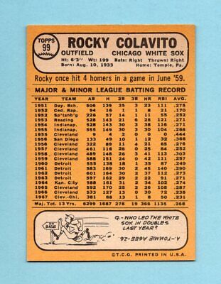 1968 Topps #99 Rocky Colavito Chicago White Sox Baseball Card NM 