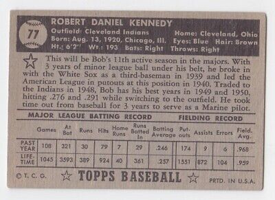 1952 Topps #77 Bob Kennedy Cleveland Indians Baseball Card Vg/Ex wrk