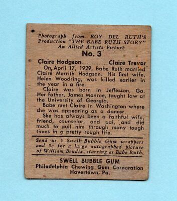 1948 Swell Babe Ruth Story #3 Claire Hodgson Baseball Card TRIMMED Low Grade