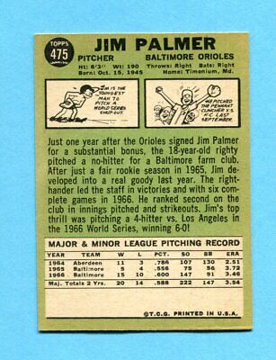 1967 Topps #475 Jim Palmer Baltimore Orioles Baseball Card NM o/c   