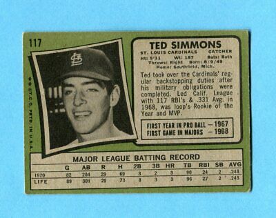 1971 Topps #117 Ted Simmons St. Louis Cardinals Rookie Baseball Card Vg/Ex