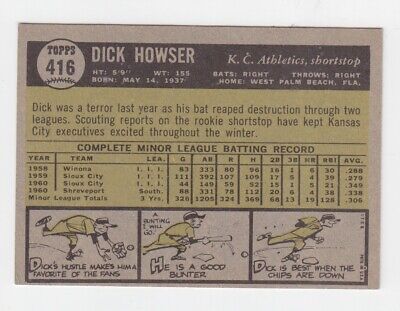 1961 Topps #416 Dick Howser Kansas City Athletics Rookie Baseball Card NM  