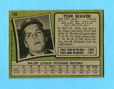 1971 Topps #160 Tom Seaver New York Mets Baseball Card Ex/Mt ap chp lsb scr    