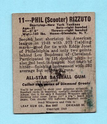 1949 Leaf #11 Phil Rizzuto New York Yankees Baseball Card Low Grade  