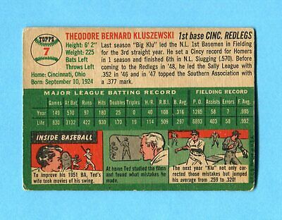 1954 Topps #7 Ted Kluszewski Cincinnati Reds Baseball Card VG