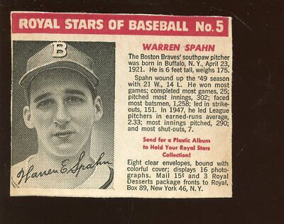 1950/1952 Royal Desserts / Pudding Baseball Card #5 Warren Spahn