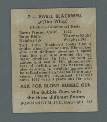 1948 Bowman #2 Ewell Blackwell Cincinnati Reds Rookie Baseball Card E/M frt fcb 