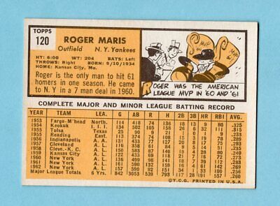 1963 Topps #120 Roger Maris New York Yankees Baseball Card Ex/Mt o/c 