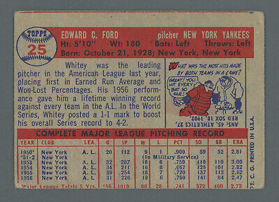 1957 Topps #25 Whitey Ford New York Yankees Baseball Card Low Grade