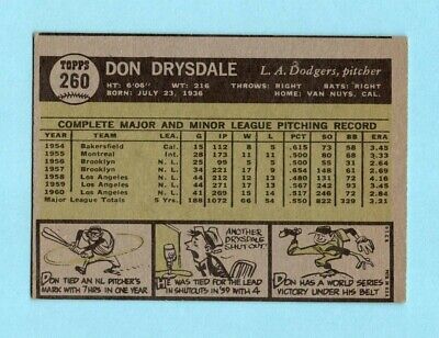 1961 Topps #260 Don Drysdale Los Angeles Dodgers Baseball Card EX+ o/c