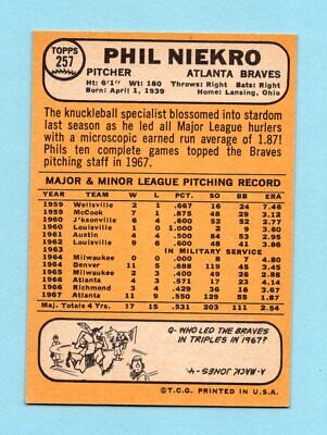 1968 Topps #257 Phil Niekro Atlanta Braves Baseball Card NM  