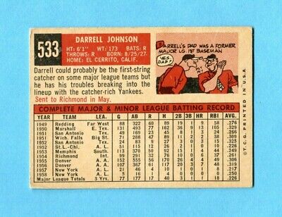 1959 Topps #533 Darrell Johnson New York Yankees Baseball Card Vg/Ex wrk