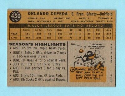 1960 Topps #450 Orlando Cepeda San Francisco Giants Baseball Card EX+ twbrc     