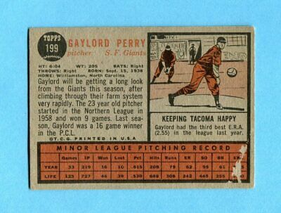 1962 Topps #199 Gaylord Perry San Fran Giants Rookie Baseball Card VgEx bk pl