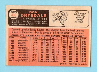 1966 Topps #430 Don Drysdale Los Angeles Dodgers Baseball Card Vg/Ex o/c  