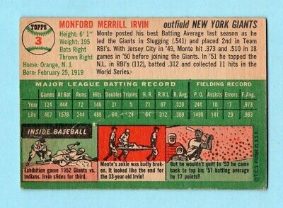 1954 Topps #3 Monte Irvin New York Giants Baseball Card Low Grade