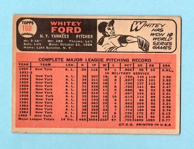 1966 Topps #160 Whitey Ford New York Yankees Baseball Card Low Grade      