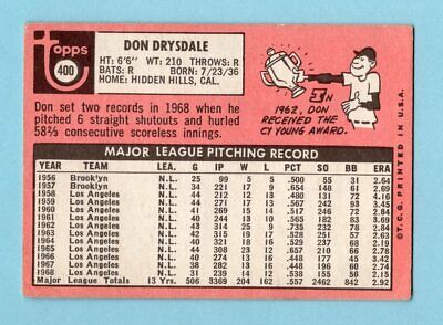 1969 Topps #400 Don Drysdale Los Angeles Dodgers Baseball Card Vg/Ex   