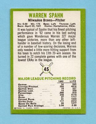 1963 Fleer #45 Warren Spahn Milwaukee Braves Baseball Card EX+ ap wrk/cres 