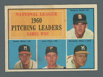 1961 Topps #47 1960 NL Pitching Leaders Spahn & others Baseball Card NM ap isu  