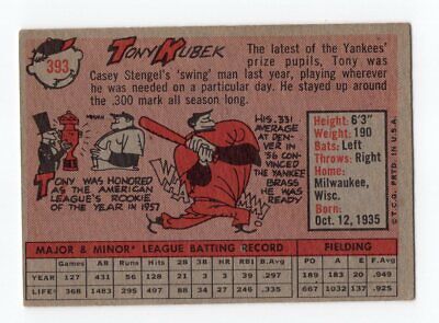 1958 Topps #393 Tony Kubek New York Yankees Baseball Card EX+