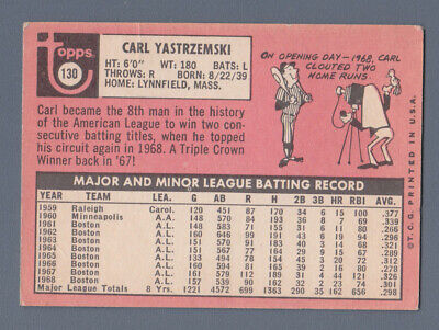 1969 Topps #130 Carl Yastrzemski Boston Red Sox Baseball Card Vg/Ex ap cre/wr   