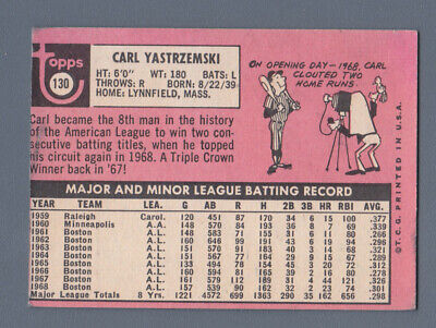 1969 Topps #130 Carl Yastrzemski Boston Red Sox Baseball Card EX o/c watst