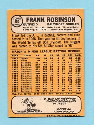 1968 Topps #500 Frank Robinson Baltimore Orioles Baseball Card NM o/c