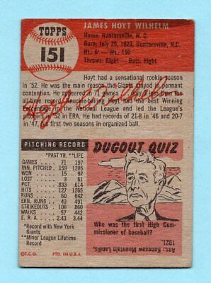 1953 Topps #151 Hoyt Wilhelm New York Giants Baseball Card EX