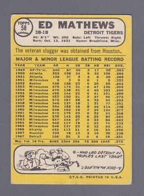 1968 Topps / Milton Bradley #58 Ed Mathews Detroit Tigers Baseball Card VG+  