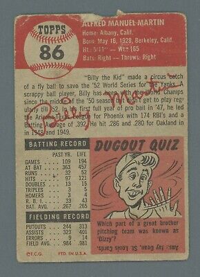 1953 Topps #86 Billy Martin New York Yankees Baseball Card Low Grade