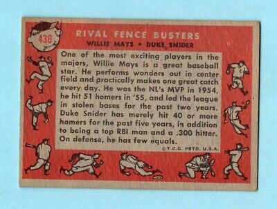 1958 Topps #436 Willie Mays & Duke Snider Baseball Card EX+ ap pmb wrks