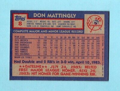 1984 Topps #8 Don Mattingly New York Yankees Rookie Baseball Card NM 