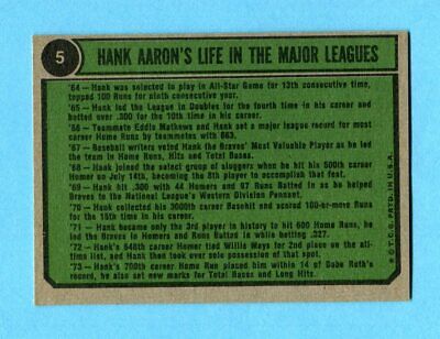 1974 Topps #5 Hank Aaron Special 1966 -1969 Baseball Card NM o/c prt dt tr