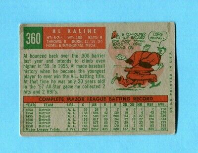 1959 Topps #360 Al Kaline Detroit Tigers Baseball Card Vg/Ex ap lgt wrks rs